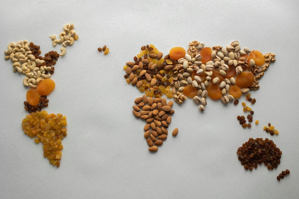 pexels-photo-7412090-7412090 Top view of creative world continents made of various nuts and assorted dried fruits on white background in light room